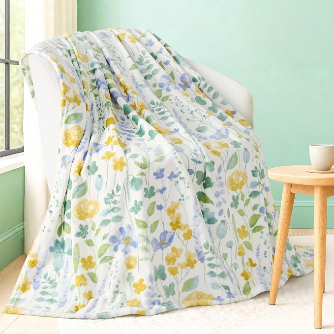 Oversized Plush Throw Blanket 60" x 70", Talia Floral Chambray Blue
