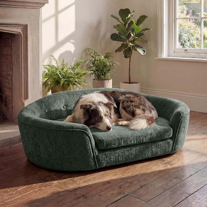 Dog Couch Bed with Oval Semi-Enclosed, Durable Linen Material Pet Sofa Couch with Soft Foam Cushion, Dog Sofa Bed with Legs for Medium Dogs, Green