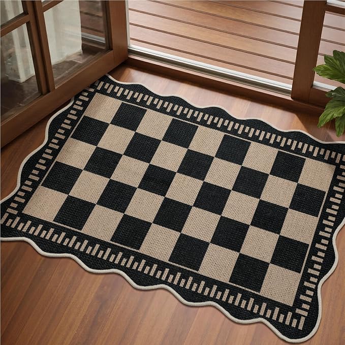 EDIMENS 2x3 Front Door Mat Easy Jute Scalloped Doormat Small Entryway Rug | Checkered Non-Slip Washable Area Rug Low Pile Black Indoor Outdoor Farmhouse for Entrance Entry Front Porch Doorway