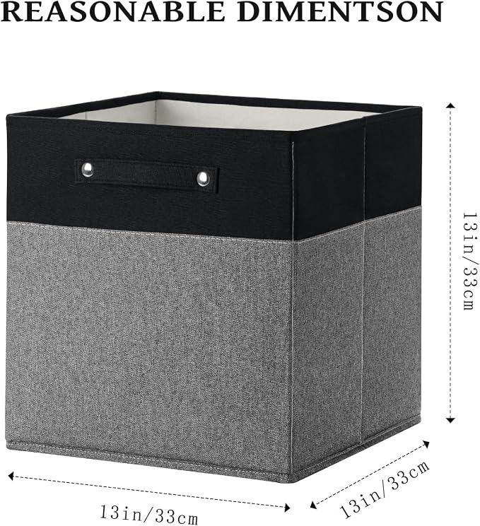 FinishingBo 13x13x13 Storage Cube Bins 4 Pack, Cube Shelf Baskets | Foldable Storage Cubes, Linen Storage Bins with Handles, Closet Organizers, Black/Gray