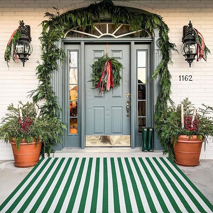 Green & White Striped Rug, 4' x 6' Indoor/Outdoor Area Rug for Front Porch, Entryway, Machine Washable Cotton Woven Welcome Door Mat