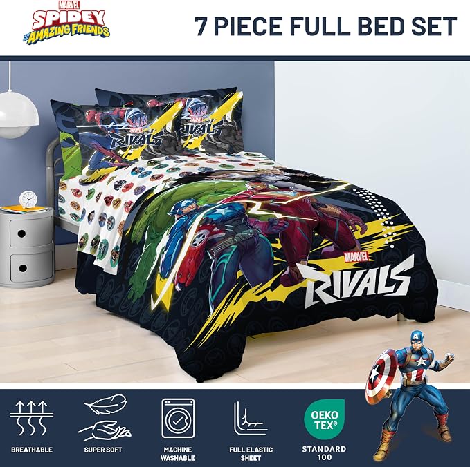 Marvel Rivals Full Size Comforter Set 7 Piece Superhero Bedding, Multi | Avengers, Comforter Sheets Shams Pillowcases, Official Product, Soft Microfiber, Machine Washable, Boys Gift