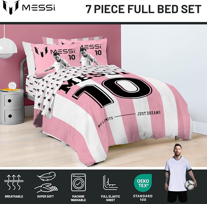 Jay Franco Messi Full Comforter Set 7 Piece Soft Kids Sports Bedding, Pink | Bed in a Bag, Comforter Sheets Shams Pillowcases, Official Product, Soft Microfiber, Machine Washable, Kids Gift