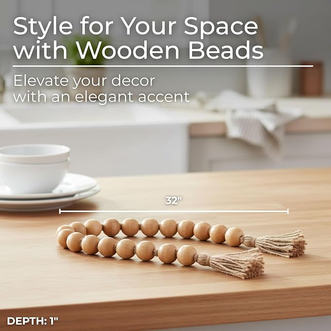 Wood Decorative Objects Bead Garland – Decorative Object Accent for Styling – Coffee Table or Shelf Display – Rustic Bead Tassels for Relaxed Accessories, Home Decor – 32", Brown