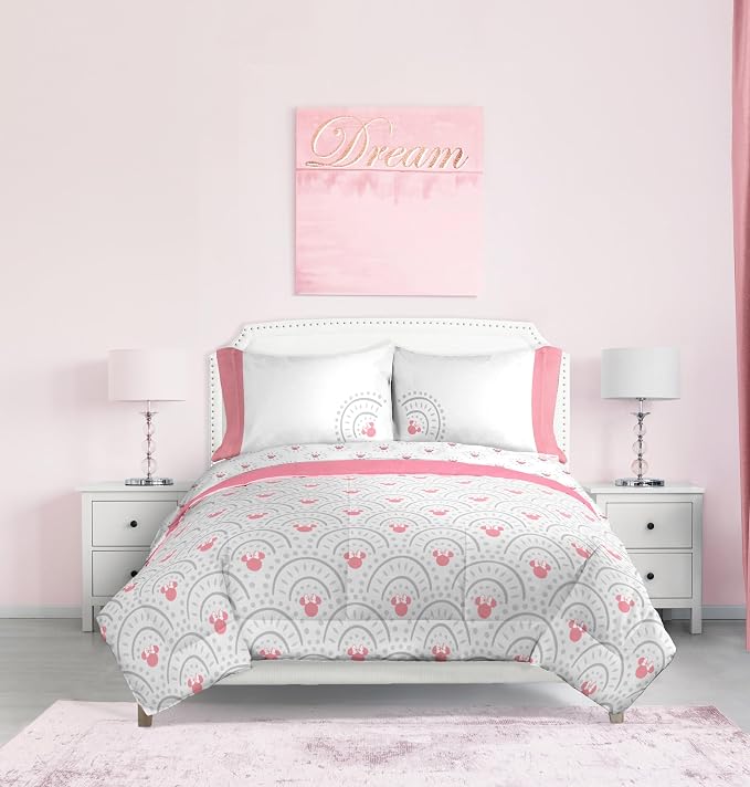 Disney Minnie Mouse Queen Comforter Set 7 Piece Bedding for Girls, Grey | Bed in a Bag, Comforter Sheets Shams Pillowcases, Official Product, Soft Microfiber, Machine Washable, Girls Gift