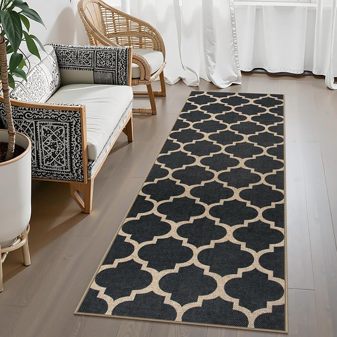 Lahome Moroccan Easy Jute Runner Rug, Black Outdoor Washable Runner Rugs for Outdoor Porch Hallway, Geometric Trellis Woven Long Carpet for Doorway, Thin Non Slip Outdoor Decor, 2'6'' x 8'