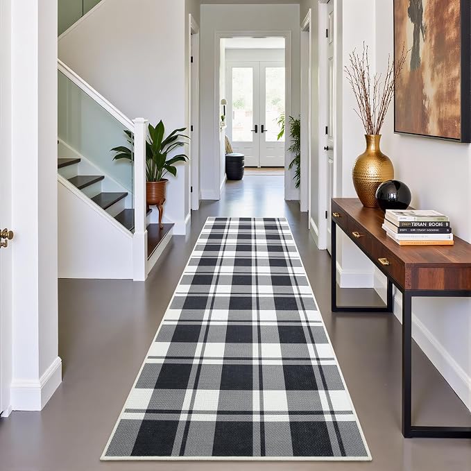 AROGAN Checkered Jute Runner Rug for Hallway, 2x6 Kitchen Runner Washable Rugs Carpet, Long Farmhouse Design Geometric Rugs for Entryway Indoor Laundry Welcome Mat 6 Ft Entry, Black and White