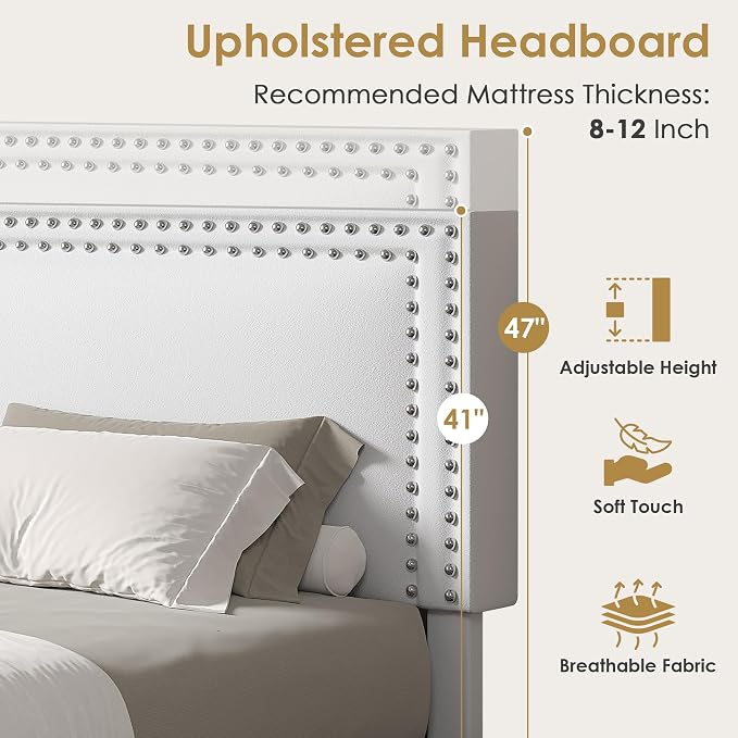 VECELO Queen Size Upholstered Bed Frame with 4 Storage Drawers, Adjustable Velvet Rivet Decor Headboard, Wooden Slats Platform Support, No Box Spring Needed, Easy Assembly,White