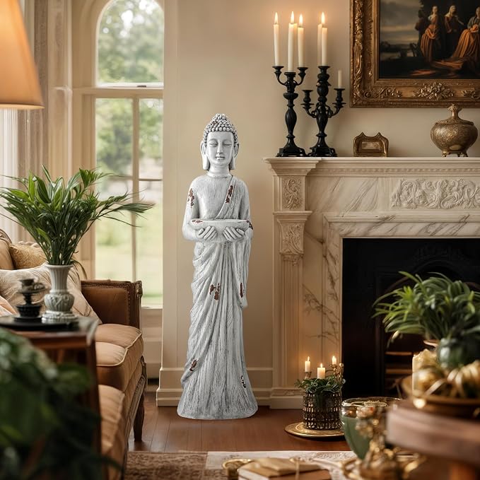 Extra-Large Buddha Statue Outdoor, 42 in Asian Decor with Birdfeeder | Zen Garden Sculpture for Indoor, Patio, Yard or Porch, Durable Weatherproof Magnesium Oxide Stone