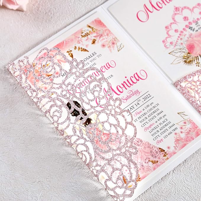 50PCS Personalized Rose Gold Quinceanera Invitation Cards | 4.7x7 inch, Laser Cut Hollow Rose Pocket, Miss XV, Sweet 16, 18th Birthday, Quince Invite, with Envelopes