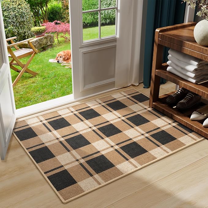 AROGAN Small Checkered Entry Rug, 2x3 Jute Rug Front Door Mat, Washable Non Slip Area Rug,Farmhouse Design Neutral Geometric Low Pile Rugs for Floor Carpet Entryway Porch Doorway, Black and Brown