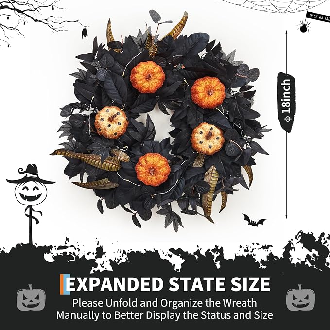 GarveeHome Halloween Wreath for Front Door, 18 in Fall Wreath with Pumpkins and Maple Leaves for Indoor Outdoor Wall Window Porch Patio Garden Farmhouse Home Party Prom Decoration