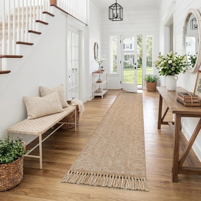 Collive Kitchen Runner Rug, 2.6' x 12' Washable Modern Farmhouse Bathroom Runner Rugs, Boho Hand-Woven Entryway Runner Rug Tan Reversible Hallway Carpet for Laundry Bedroom Front Door Decor