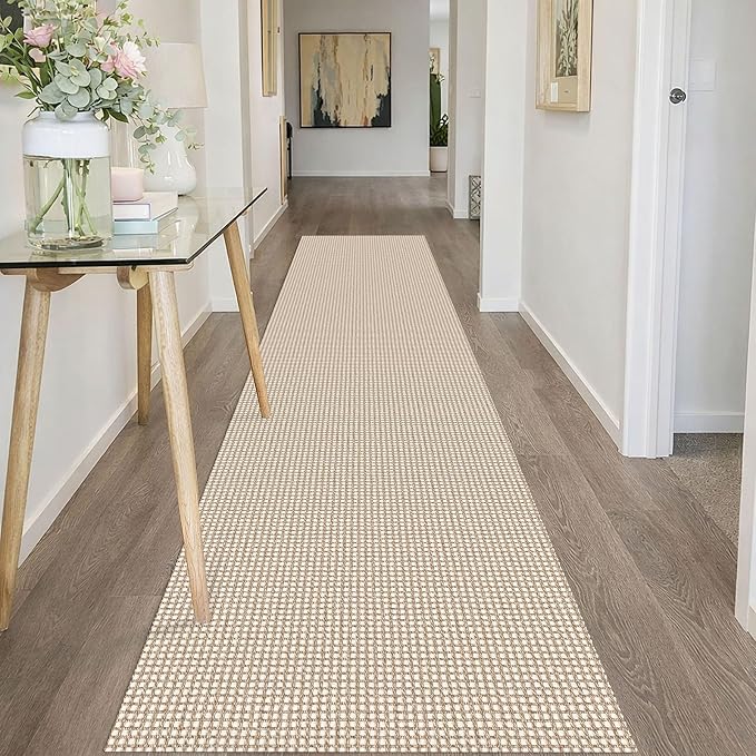 IOHOUZE Washable Runner Rug 2x10 Non Slip Rubber Backed Long Hallway Runner Entryway Runner Indoor, Kitchen Rugs Woven Cotton Floor Carpet for Hall Entrance, Cream/Beige