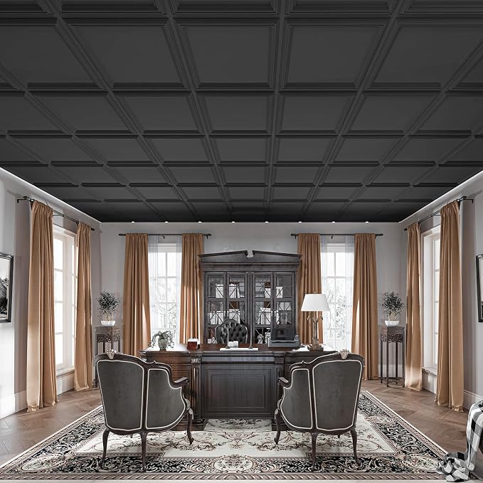 Art3d 12-Pack Drop Relief Ceiling Tiles for Home, Office & Commercial Space, 24 x 24in PVC Waterproof 3D Wall Panels Cover 48 Sq. Ft, Black