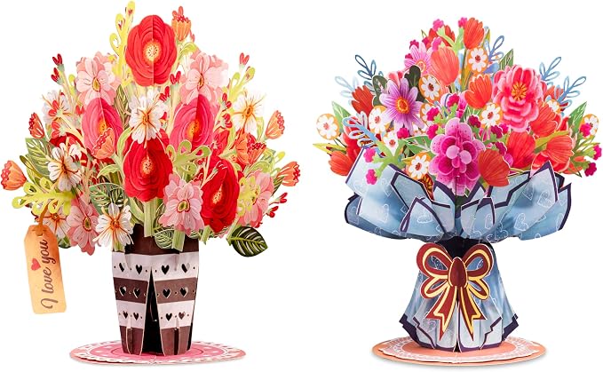 HugePop Flower Bouquet Pop Up Cards 2 Pack - Includes 1 Lovely Flower Vase and 1 Vibrance Flower Bouquet, Gift For Mothers Day, Birthday, Valentines Day, All Occasions - Jumbo 10" x 14" Card