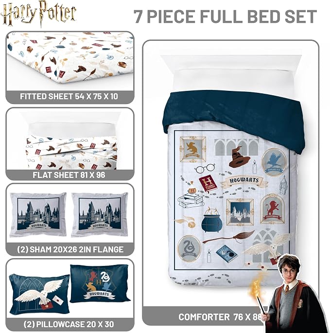Harry Potter Full Comforter Set 7 Piece Soft Hogwarts Bedding, Grey | Hedwig, Bed in a Bag, Comforter Sheets Shams Pillowcases, Official Product, Soft Microfiber, Machine Washable, Kids Gift