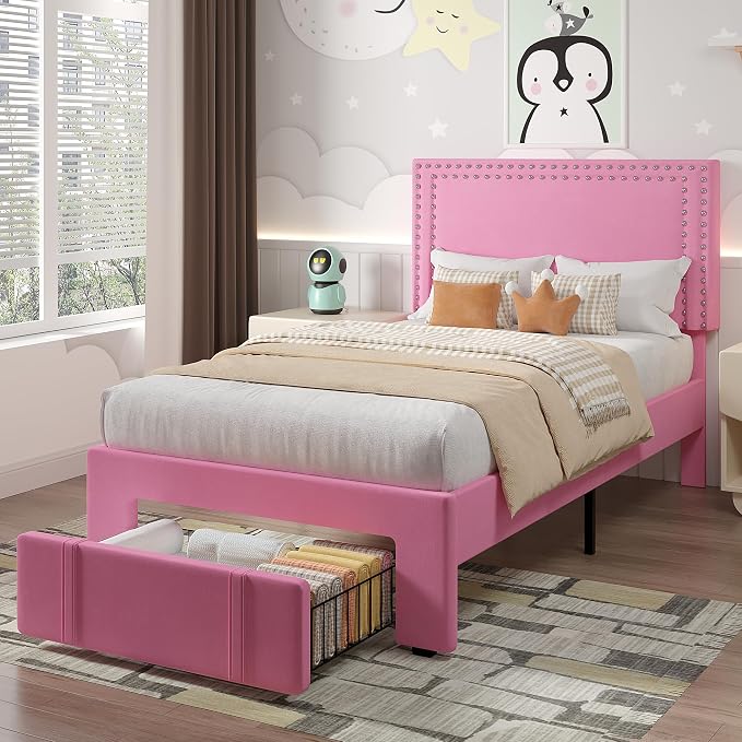VECELO Twin Size Upholstered Bed Frame with Storage Drawer, Adjustable Velvet Rivet Decor Headboard, Wooden Slats Platform Support, No Box Spring Needed, Easy Assembly,Pink