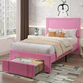 VECELO Twin Size Upholstered Bed Frame with Storage Drawer, Adjustable Velvet Rivet Decor Headboard, Wooden Slats Platform Support, No Box Spring Needed, Easy Assembly,Pink