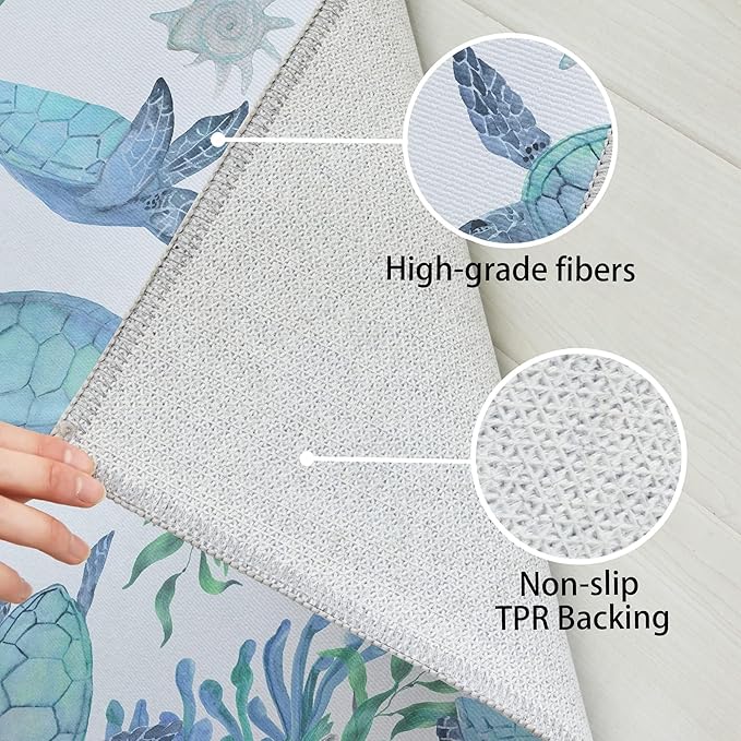 Tritard Coastal Sea Turtles Area Rugs Beach Themed Nautical Non Slip Area Rugs Stain Resistant Washable Accent Rugs Non Shedding Floor Carpet for Living Room Bedroom, Teal, 4x6 Feet