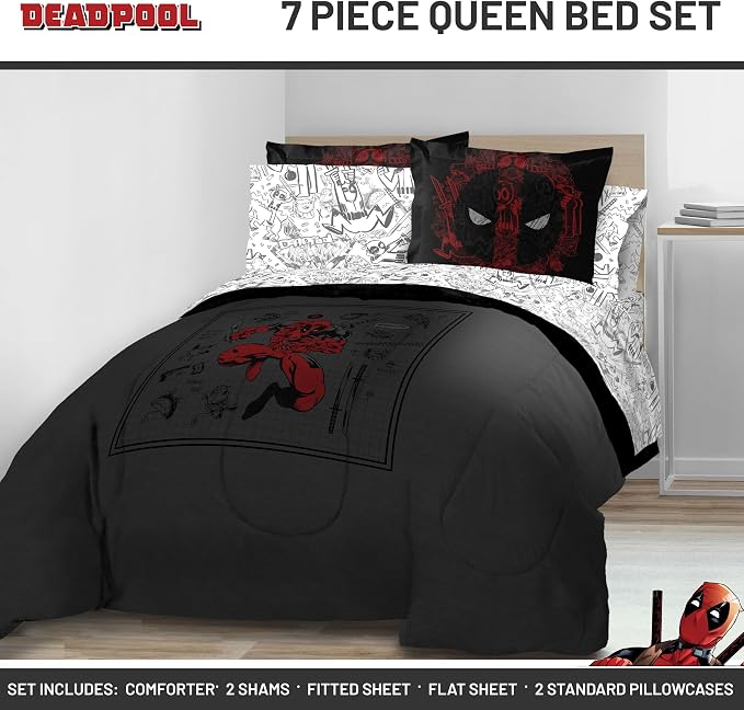 Marvel Deadpool Queen Comforter Set 7 Piece Bedding for Boys, Gray | Bed in a Bag, Comforter Sheets Shams Pillowcases, Official Product, Soft Microfiber, Machine Washable, Boys Gift