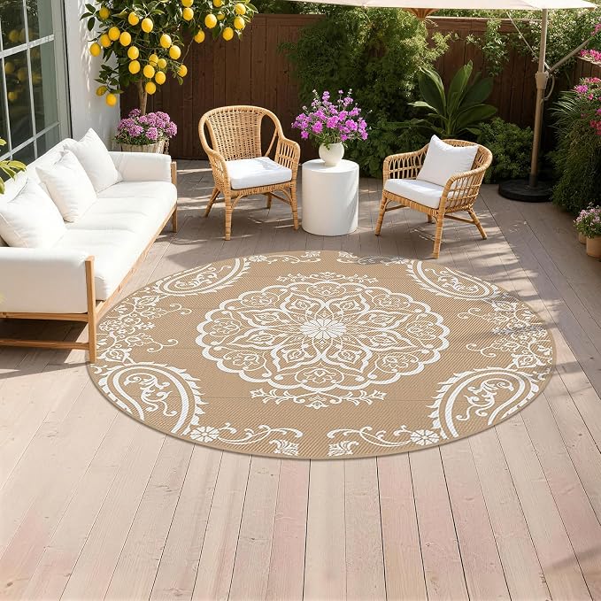 Pauwer Outdoor Rug 8ft, Waterproof Plastic Straw Camping Rug, Boho Brown | Reversible Patio Rug, UV Resistant Indoor Outdoor RV Mat Carpet For Deck, Camper, Porch, Balcony, Backyard, Picnic, Foldable