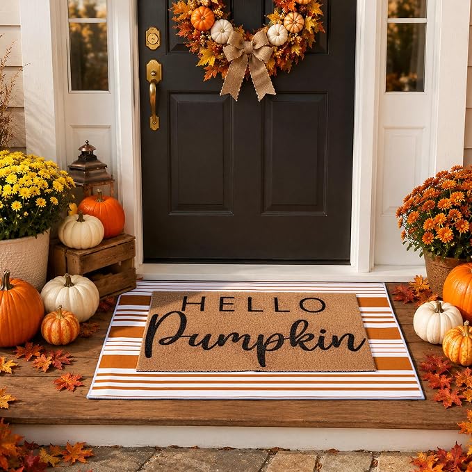 2pcs Fall Hello Pumpkin Doormats Layered Autumn Front Porch Welcome Mat and Striped Crystal Velvet Layering Rug Non Slip Outdoor Entryway Flooring Decor for Thanksgiving