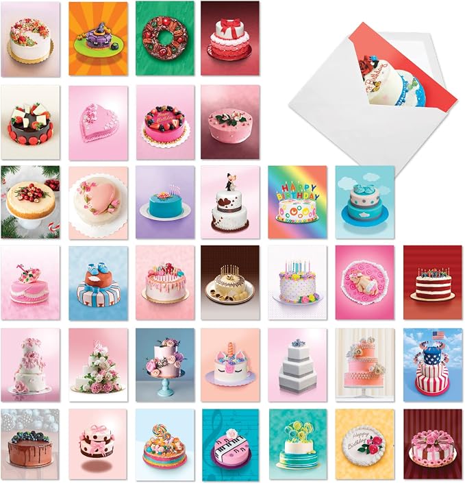 The Best Card Company - 36 Assorted Blank Notecards Bulk Box Set 4 x 5.12 Inch with Envelopes (36 Designs, 1 Each) Friendship Birthday Card Variety Pack - Cakes for All Seasons AM7074OCB-B1x36