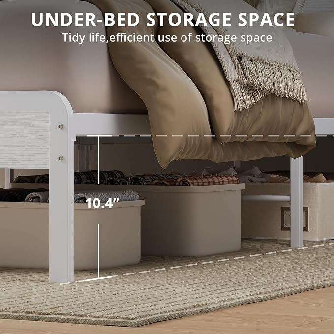 LIKIMIO Queen Bed Frame with 2-Tier Storage Shelf Headboard | Wood Platform Bed, Camas Queen with Strong Metal Supports, Sturdy, Noise-Free, No Box Spring Needed, White