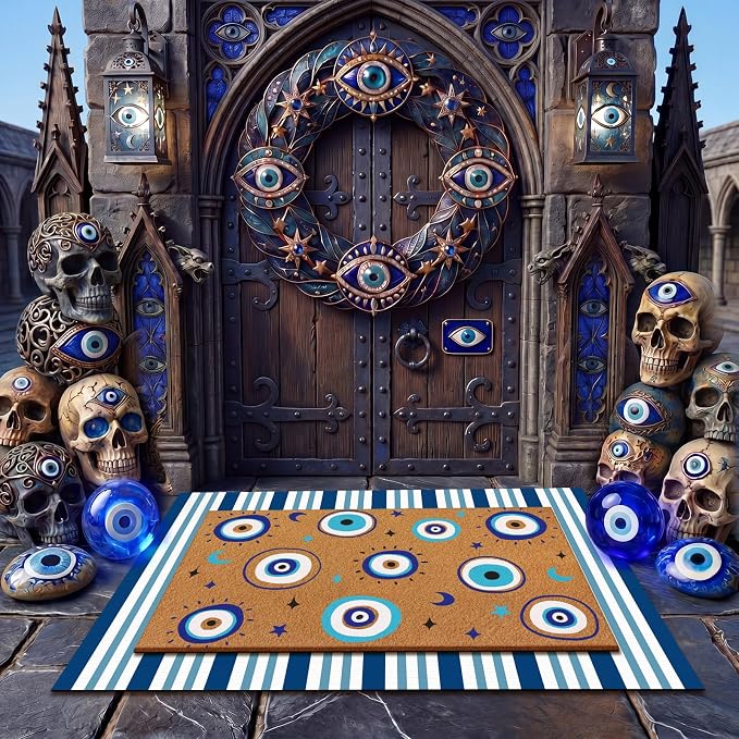 Tinideya 2 Pcs Blue Evil Eye Layered Doormat Set, Boho Evil Eye Doormat with Blue White Striped Rug, Mediterranean Porch Decor for Entryway Patio Outdoor