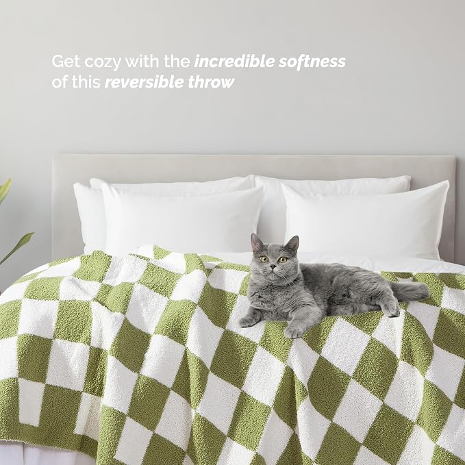 Elegant Comfort Checkered Throw Blanket, Sage Green Super Soft Cozy Fluffy Warm Throw Blankets for Couch, Sofa, Chair, Bed, Camping, Picnic, Travel Lightweight Bed Blanket (50" x 70")
