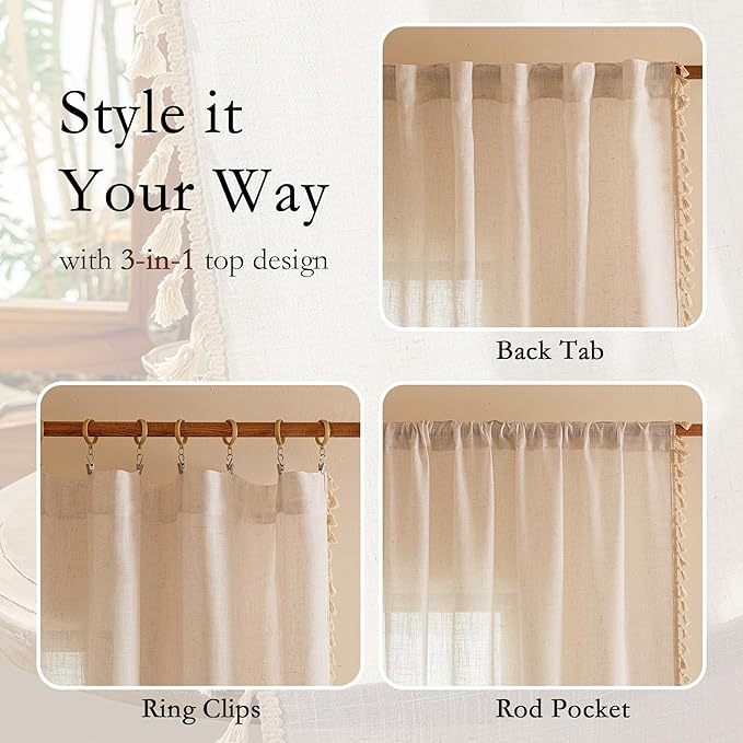 MYSKY HOME Natrual Curtains 84 Inches Long for Living Room Boho Semi Sheer Light Filtering Privacy Drapes for Bedroom, Farmhouse Rustic Home Decor Back Tab with Tassel, 50" x 84", Natural, 2 Panels