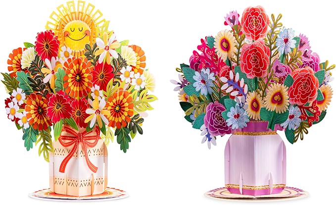 Paper Love HugePop Flower Bouquet Pop Up Cards 2 Pack - Includes 1 Happy Bouquet and 1 Harmony Bouquet, Gift For Mothers Day, Birthday, Valentines Day, All Occasions - Jumbo 10" x 14" Card