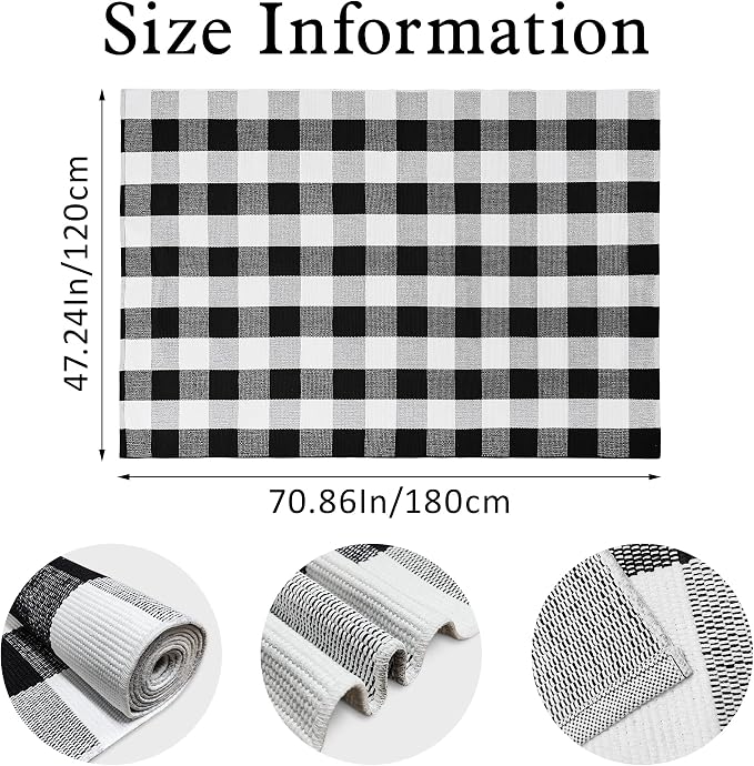 Buffalo Plaid Rug 4x6 Black and White Outdoor Rug Checkered Cotton Woven Washable Front Porch Layered Door Mats Carpet for Living Room Bedroom Farmhouse Patio Decor