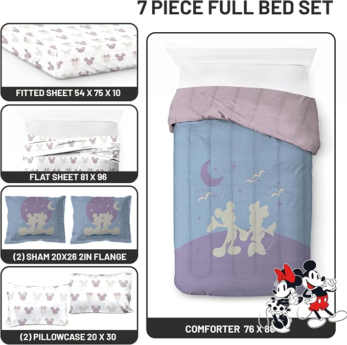Disney Mickey and Minnie Mouse Full Size Comforter Set 7 Piece Bedding | Grey, Bed in a Bag, Comforter Sheets Shams Pillowcases, Official Product, Soft Microfiber, Machine Washable, Kids Gift