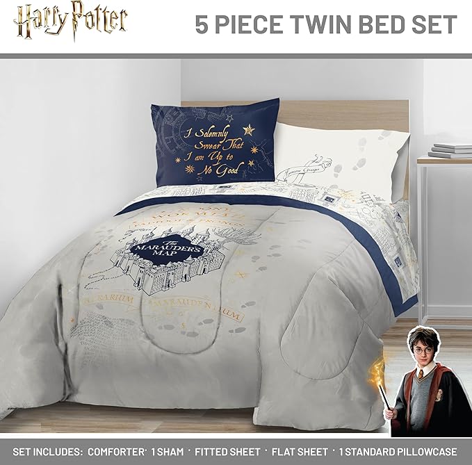 Harry Potter Twin Comforter Set 5 Piece Soft Fantasy Bedding, Beige | Hogwarts, Bed in a Bag, Comforter Sheets Sham Pillowcase, Official Product, Soft Microfiber, Machine Washable, Gift