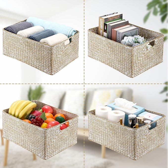 Hipiwe Wicker Storage Basket Bin X-Large Rectangular Opened Baskets Box | Handwoven Seagrass Basket Box with Handle for Shelf Organizing Closet Bathroom, 15.7" L x 11.8" W x 7.5" H