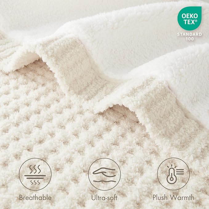 Madison Park Rowan Sherpa Throw Blanket Waffle Weave, 50 x 60, Ivory | Cozy Warmth for Sofa or Bed, Reversible, Lightweight, Farmhouse, OEKO-TEX Certified