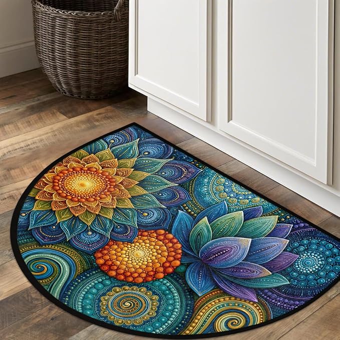 Flower Half Round Door Mat Semi Moon Rug Fireplace Carpet Area Rugs | Colorful Ornate Non Slip Absorbent Half Circle Mat Carpet for Indoor Outdoor Patio Kitchen Bathroom Entryway Home Decor