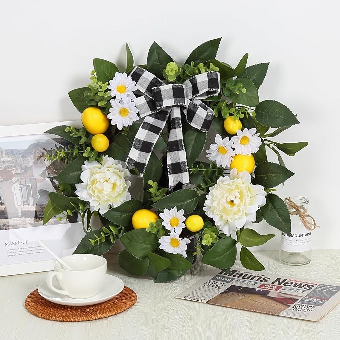 Garvee 20" Lemon Wreath for Front Door, Spring Summer Fruit Wreath | with Artificial Yellow Lemon Peony Flower and Buffalo Check Bow, Lemon Decor for Farmhouse Kitchen Porch Wall Home Decor