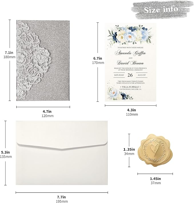 DORIS HOME 50Pcs Personalized Laser Cut Wedding Invitations, Silver Glitter | 4.7"x7.1", Customized Anniversary Invitations, With Envelopes