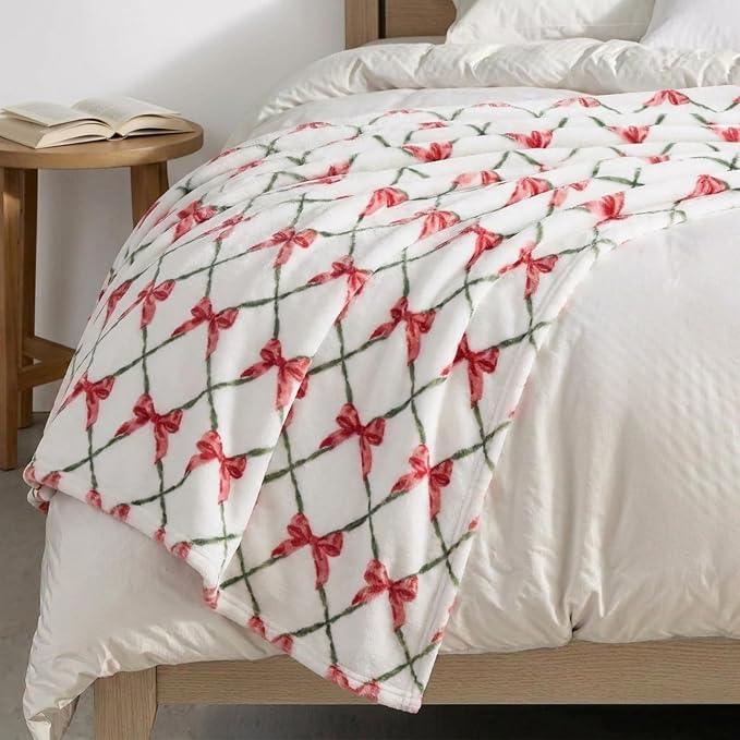 Martha Stewart - Blanket, Incredibly Soft Throw Blanket for Couch or Bed, Printed Plush & Oversized Bedding (Emmas Bow White, 60" x 70")