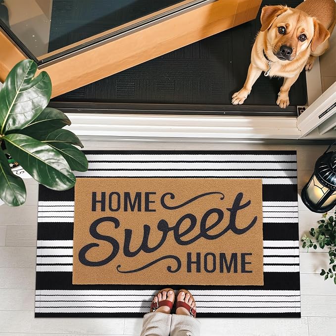 OLANLY Black and White Classic Striped Rug 2'4" x 3'7" (27.5" x 43") | Washable Cotton Indoor Outdoor Doormat for Front Door, Entryway, Kitchen, Porch, Patio Decor
