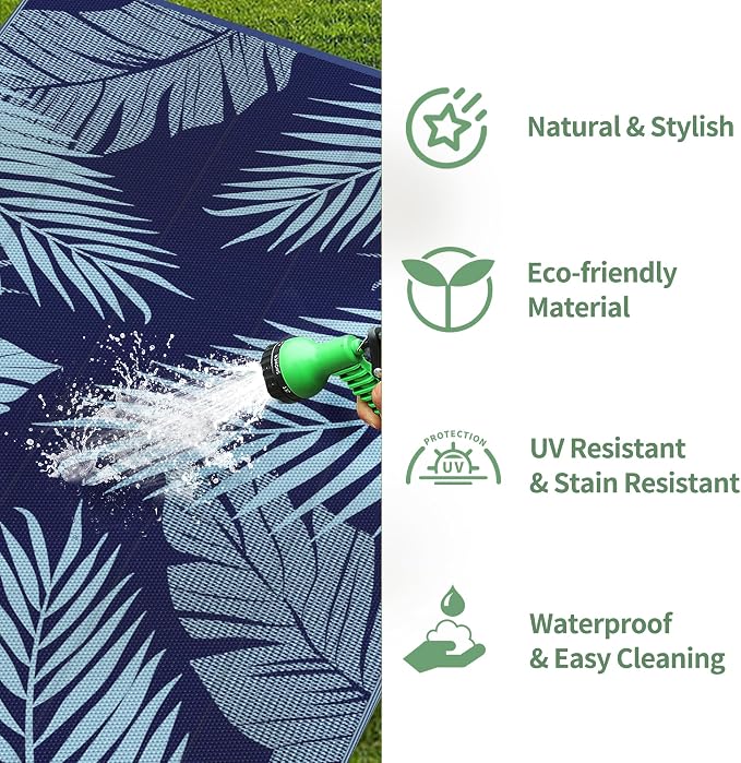 GENIMO Outdoor Rug, Waterproof Plastic Rugs for Patio, 9'x12' Blue | Outside Larger Leaf Carpet Mat for Porch Decor, Deck, Balcony, Camping, RV, Backyard, Picnic, Beach, Reversible, Foldable
