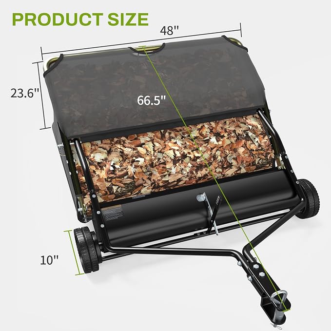 AUTOSAVER88 48" Lawn Sweeper Tow Behind with Adjustable Sweeping Height | Leaf & Grass Collector with Dumping Rope Design, 25 Cu.ft Hopper Pull Behind Lawn Sweeper for Leaves, Grass & Debris