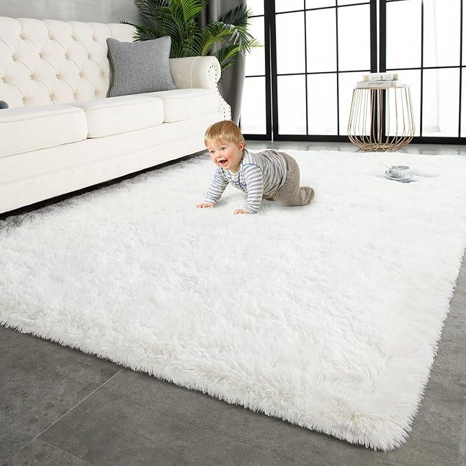 TWINNIS Super Soft Shaggy Rugs Fluffy Carpets 5x8 Feet, Indoor Modern Plush Area Rugs for Living Room Bedroom Kids Room Nursery Home Decor, Upgrade Anti-Skid Rectangular Fuzzy Rug, Cream White