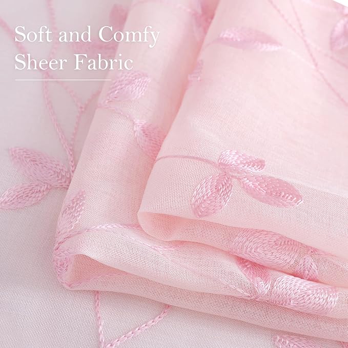 HOMEIDEAS Pink Sheer Curtains 52 X 96 Inches Length 2 Panels Embroidered Vine - Image 4