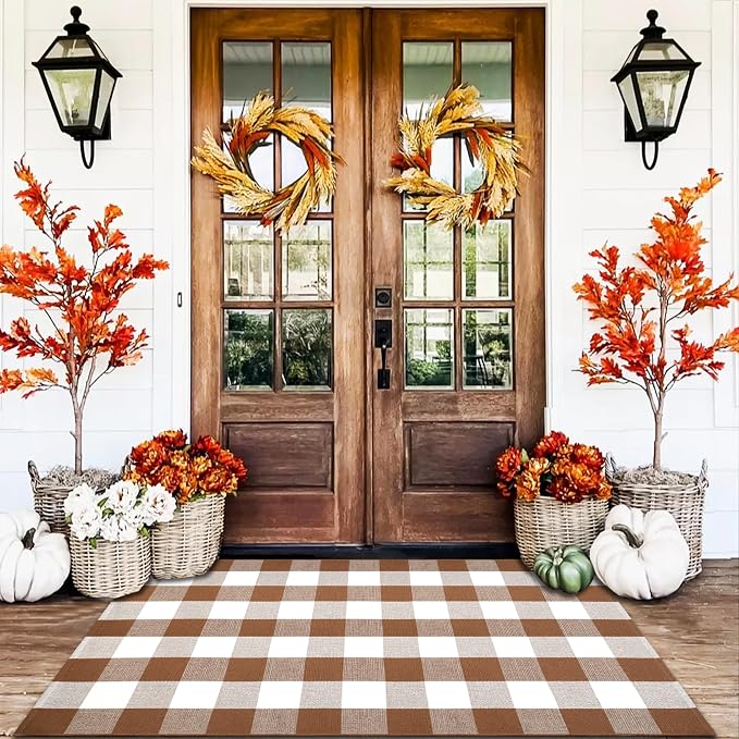 Homydecor Buffalo Plaid Outdoor Rugs, 4'x6' Coffe and White Checkered Area Rug, Layering Rug for Hello/Welcome Door Mat, Washable Cotton Woven Farmhouse Mat for Front Porch Décor