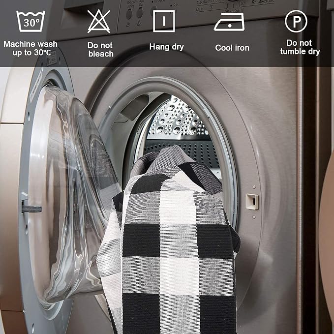 SEEKSEE Buffalo Plaid Rug 4' x 6' Black and White Large Front Door Mat, Layering Area Rug, Washable Cotton Rug for Outdoor Patio Entryway Indoor Living Room Kitchen Dining Room Decor
