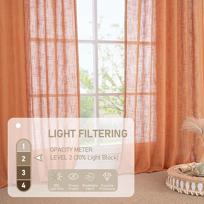 LAMIT Semi Sheer Linen Curtains 45 Inches Long, Bronze Grommet Light Filtering Panels Country Decor Drapes for Bedroom/Farmhouse/Windows, 52 x 45 Inch, Burnt Orange, 2 Panels Set